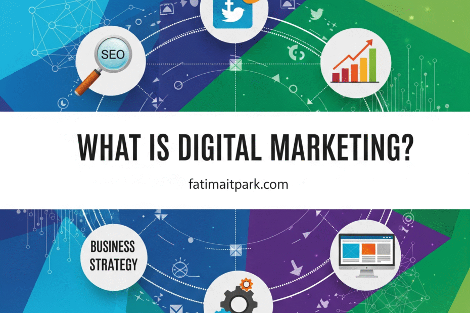 What is Digital Marketing? Diagram illustrating SEO, Social Media, Business Growth, and Strategy for fatimaitpark.com.