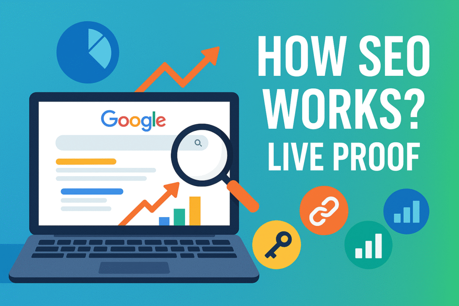 Flat illustration of SEO concept showing Google search results, magnifying glass, upward graph, and digital marketing icons with text "How SEO Works? Live Proof".