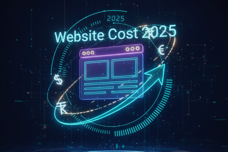 Futuristic graphic showing 'Website Cost 2025' with a glowing website icon, digital currency symbols, and an upward trend arrow, representing small business website costs in the future