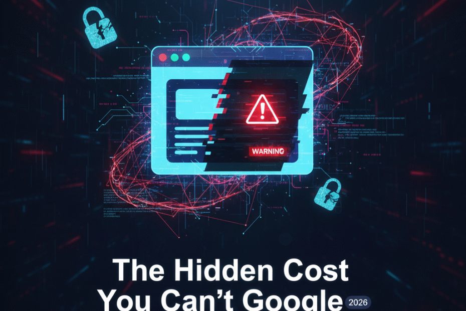 Futuristic digital graphic showing a warning over a website icon with the title 'The Hidden Cost You Can't Google,' representing small business website price traps in Bangladesh for 2026.