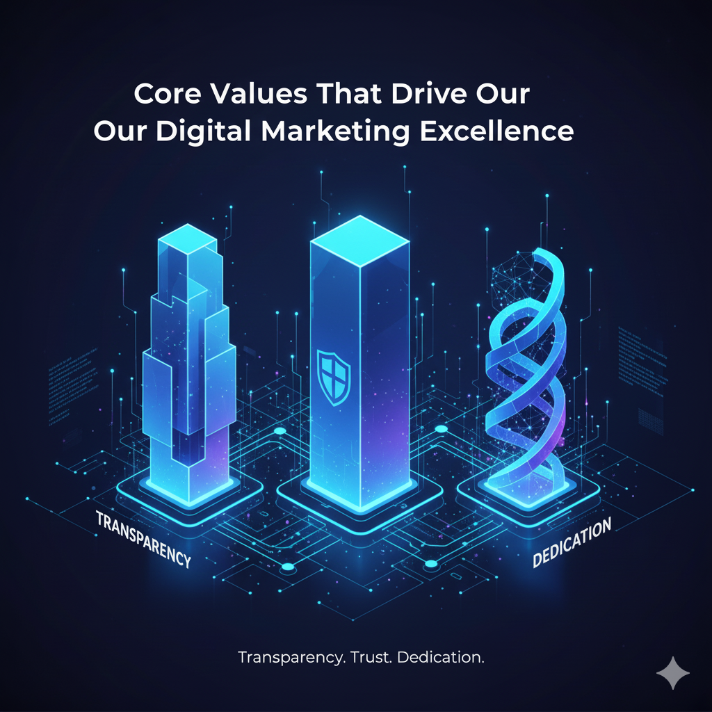Conceptual digital graphic featuring three prominent, glowing geometric pillars labeled 'Transparency,' 'Trust,' and 'Dedication,' interlinked by a vibrant network of digital data lines against a dark background, symbolizing core values and interconnected relationships.