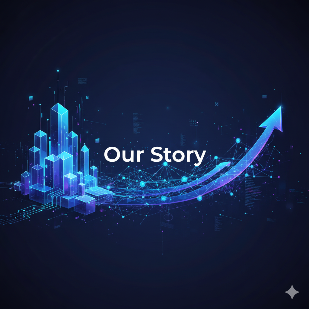 Futuristic digital graphic showing a stylized, growing city skyline connected by a network of glowing lines and nodes, with a large, bright upward arrow symbolizing business growth and digital innovation. The text 'Our Story' is centered on the image
